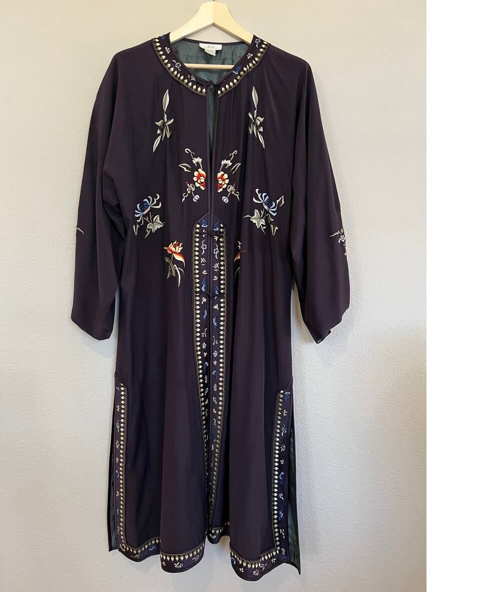 Soft Surroundings Robe Duster 100% Silk Floral Embroidery Purple XL Frog Closure